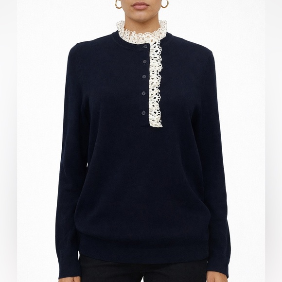 Sandro Sweaters - Sandro Paris Colane Crochet-Trim Navy Wool Silk Ruffle Lace Collar Sweater